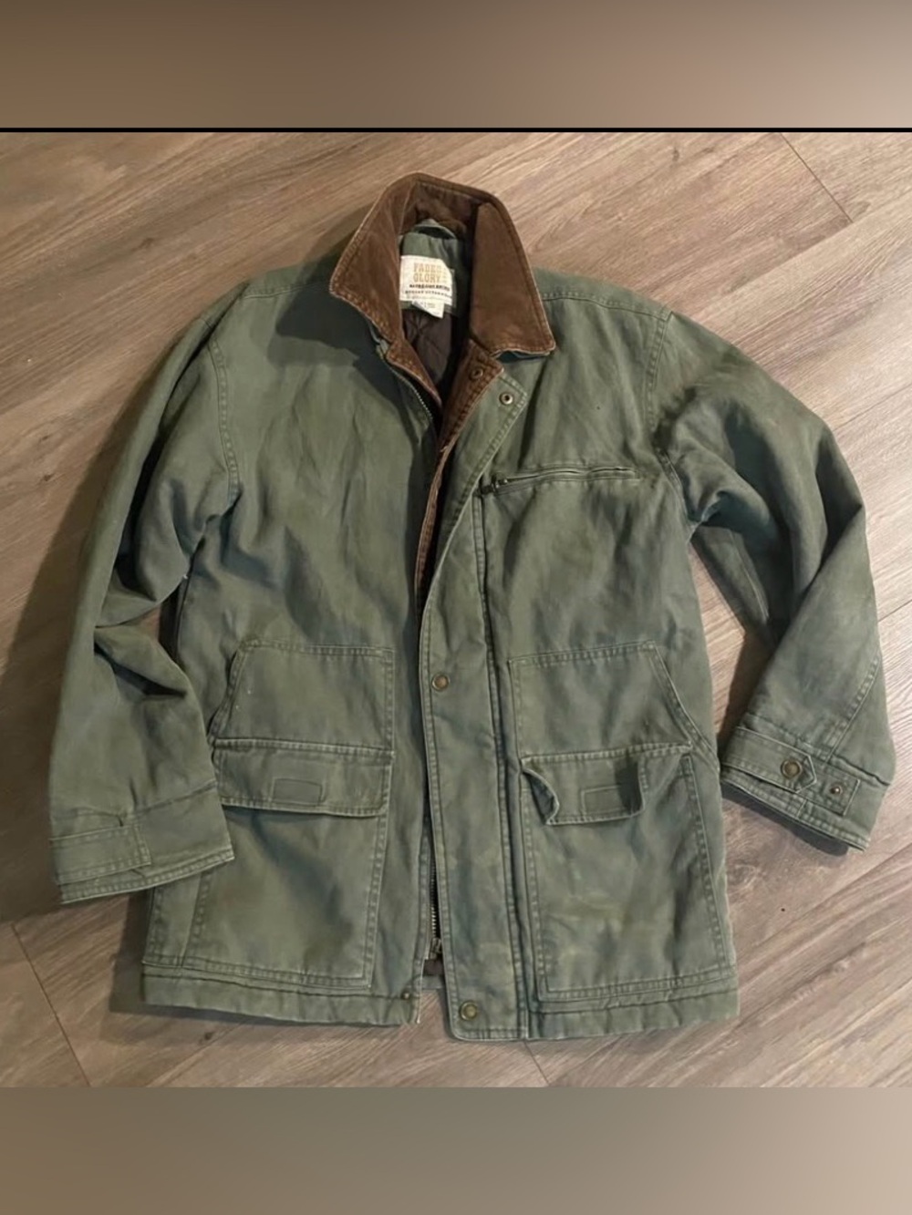 Faded Glory Olive Green Canvas Field Jacket with Brown Corduroy Collar